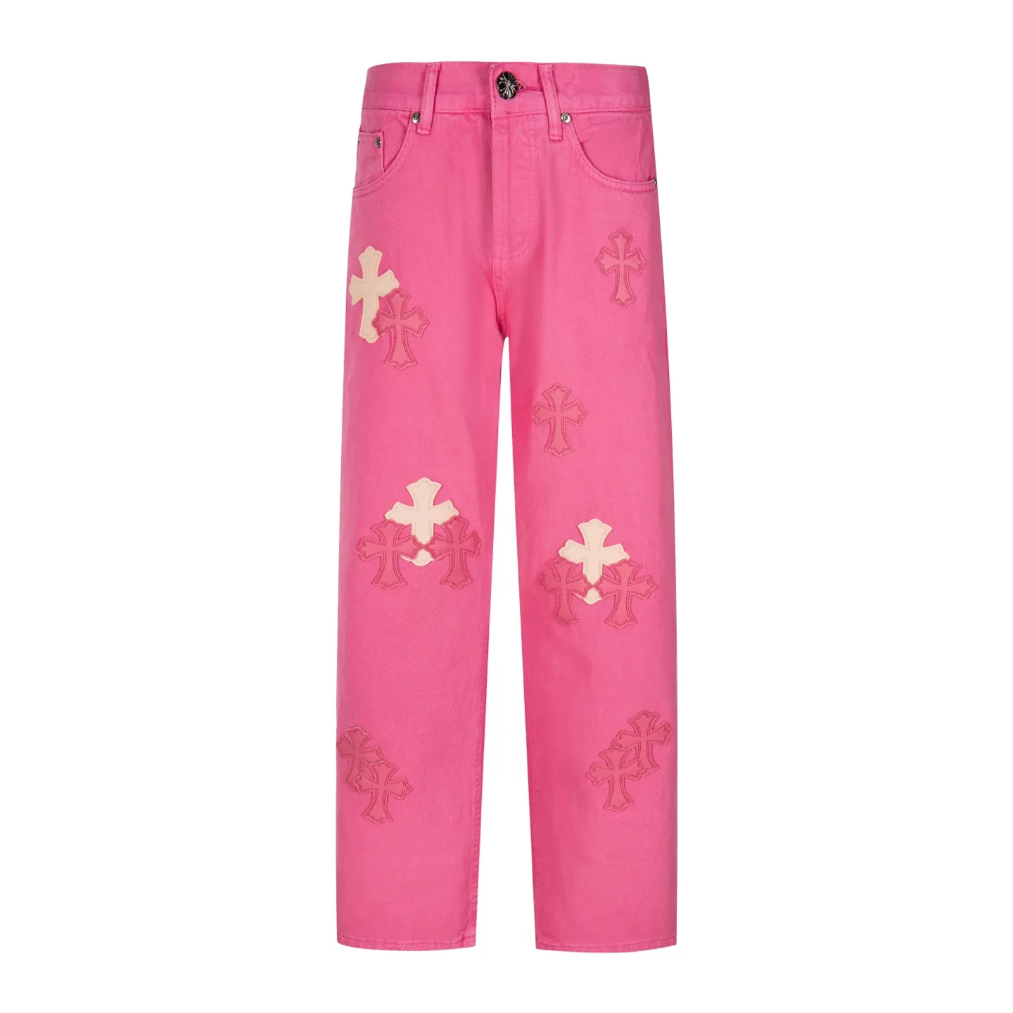 P250 CHROME HEARTS 25ss dopamine light pink cross-over leather washed jeans - Full of exploring the ultimate in fashion, Chrome Hearts' new Chrome Hearts pants not only present a unique style, the fresh ice blue color looks particularly youthful and energetic. The mid-high waist design is paired with a lazy and casual style, which not only shows long legs but also maintains a casual feel. It is a must-have fashion choice for trendy men and trendy women. Style number: 1778# Color: Dopamine powder Size: 28 30 32 34